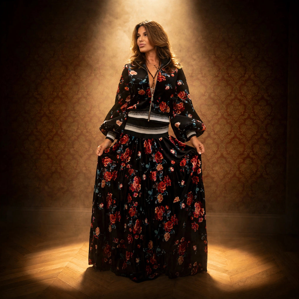 BELLAVITIS - COMPLETO BOMBER E GONNA VELVET FLOWERS